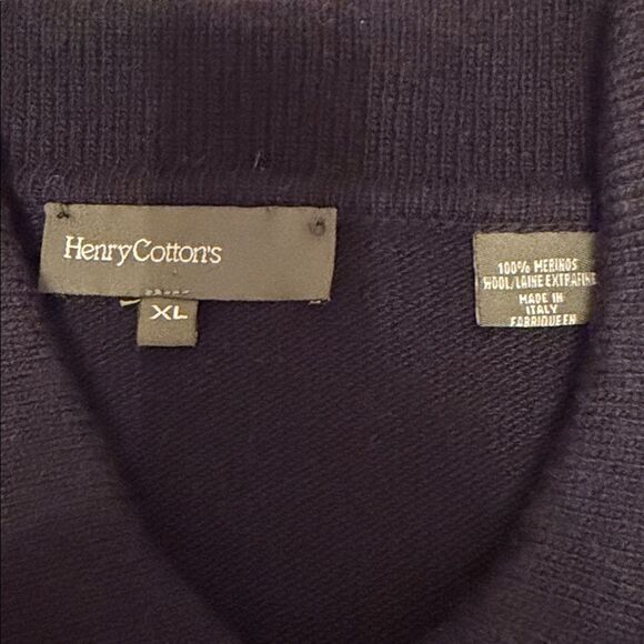 Henry Cotton’s Men XL 100% Merino Wool Knit Polo Sweater Navy Blue Long Sleeve - Picture 5 of 9